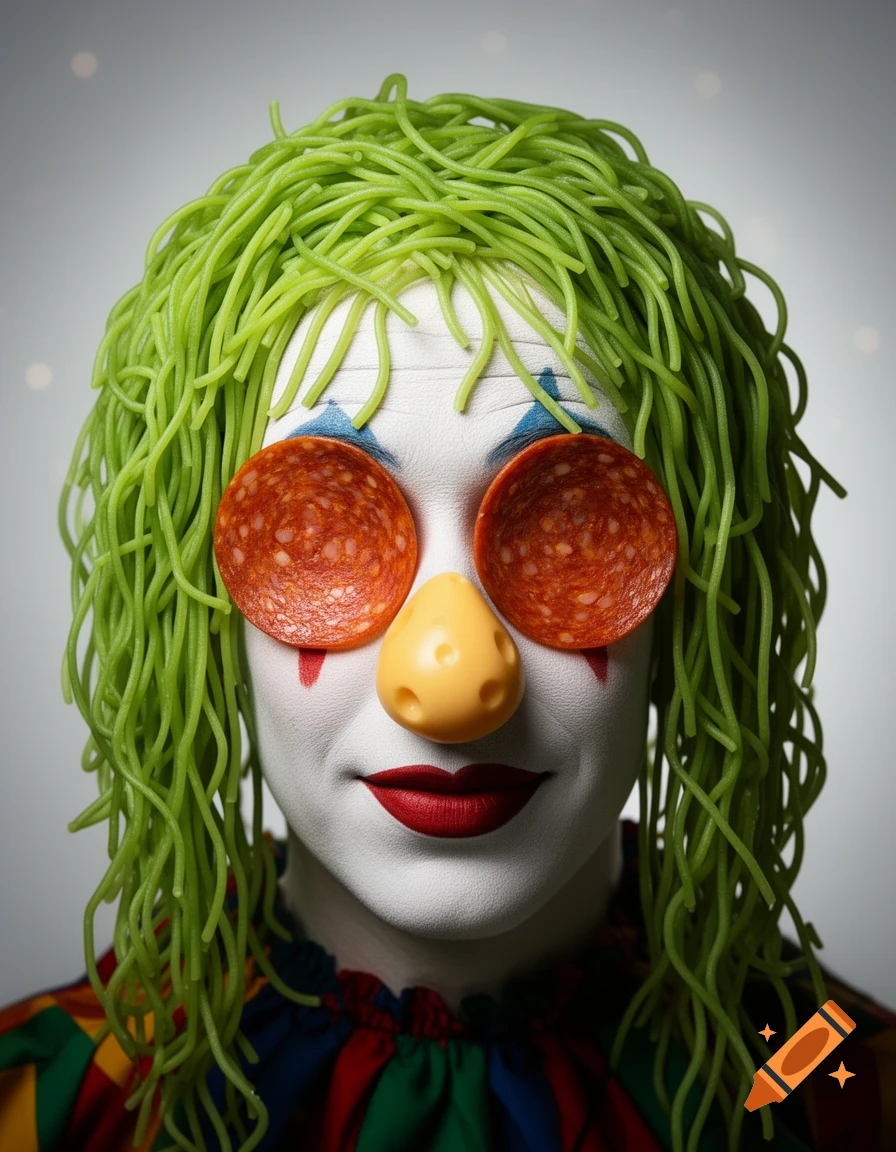Photorealistic portrait of a clown with green spaghetti hair, pepperoni eyes, a cheese nose, white face paint, and a colorful costume.