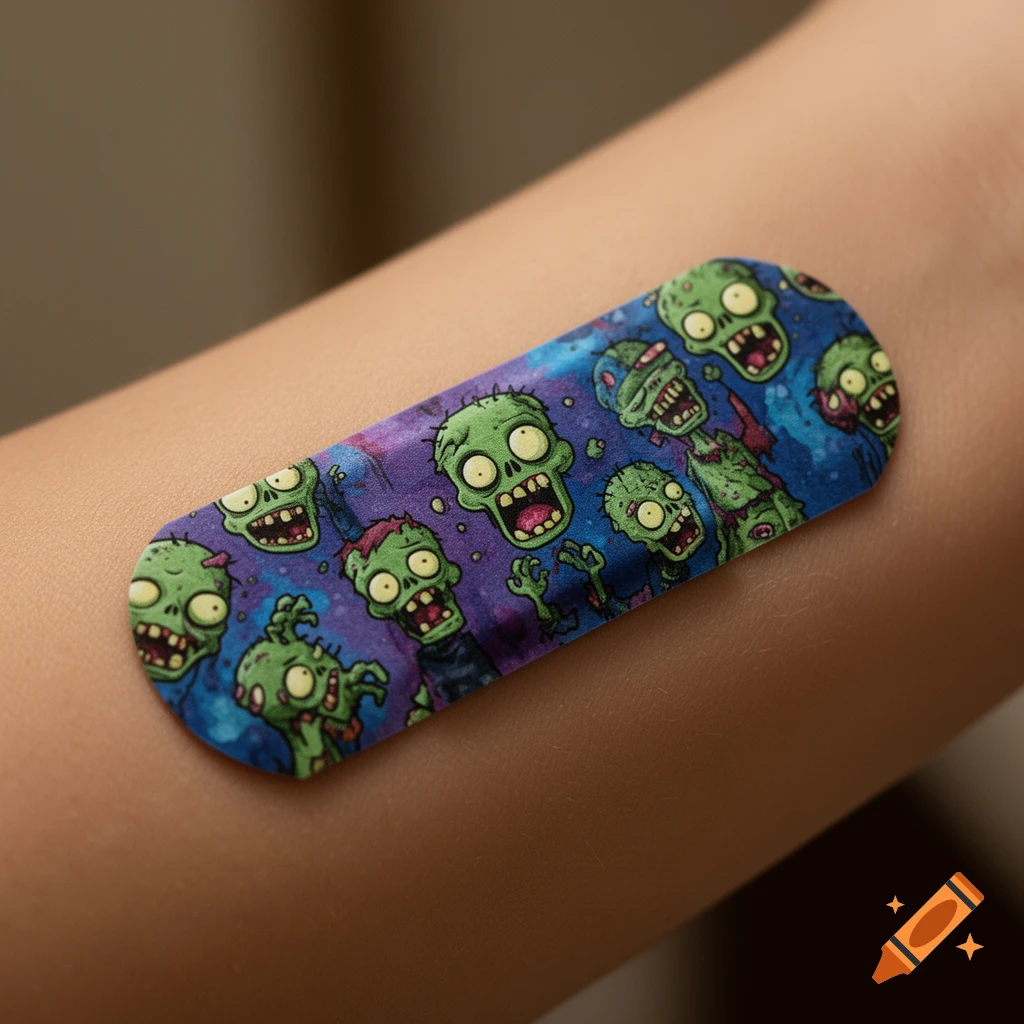 A close-up of a person's arm with a colorful band-aid featuring green cartoon zombies on a purple and blue background.