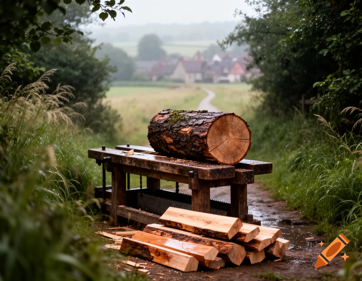 A large log sits on a wooden workbench next to cut wood pieces on a dirt path in a rural, natural setting with a village in the background.