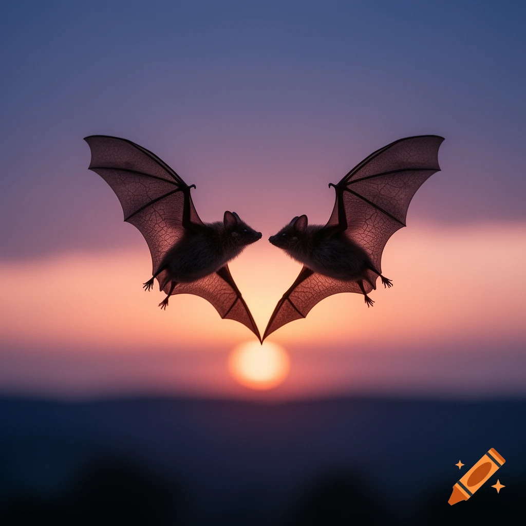 Two bats with outstretched wings forming a heart shape, silhouetted against a vibrant orange and purple sunset.