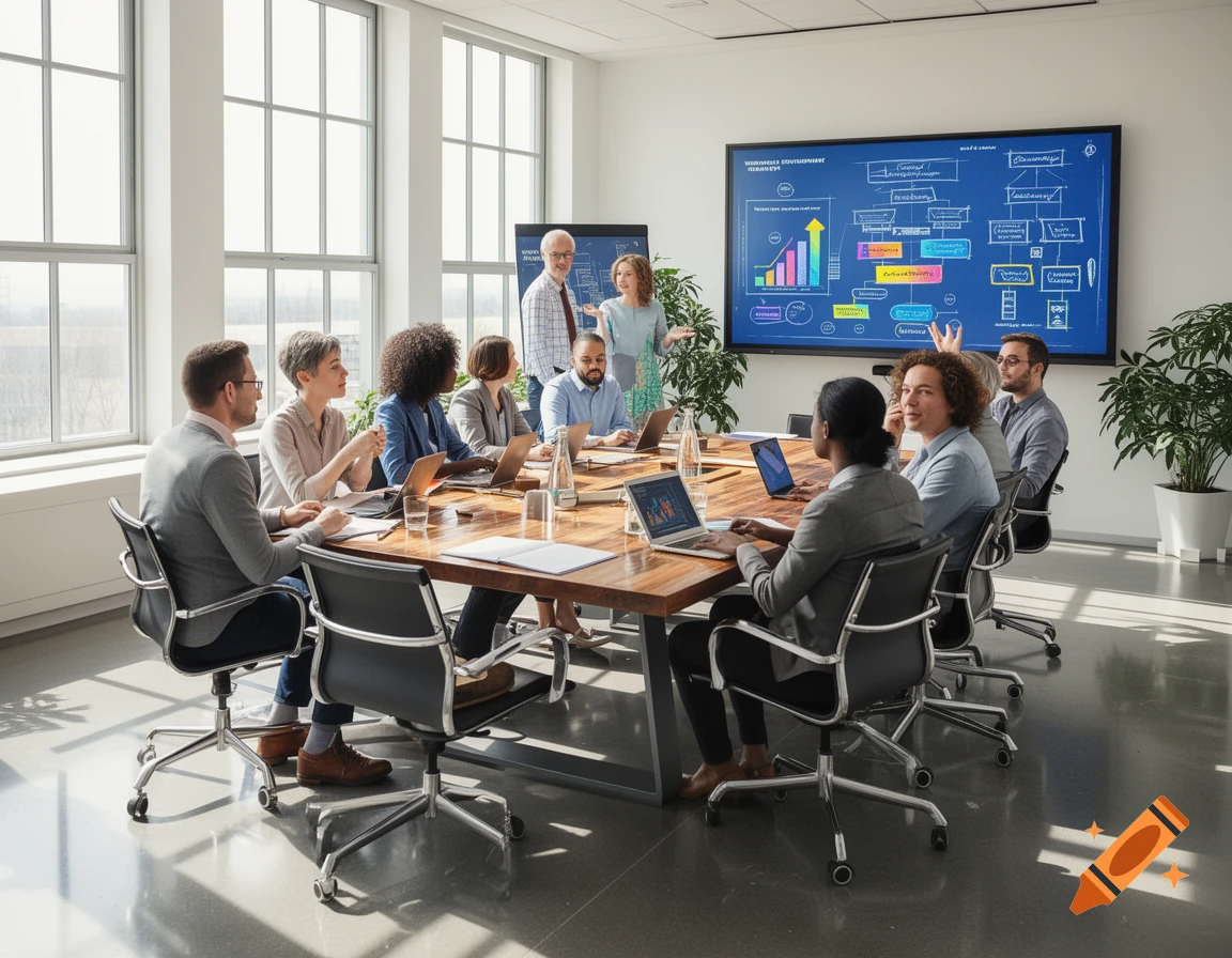 Diverse business professionals meet in a bright, modern conference room with laptops and a large screen showing colorful diagrams.