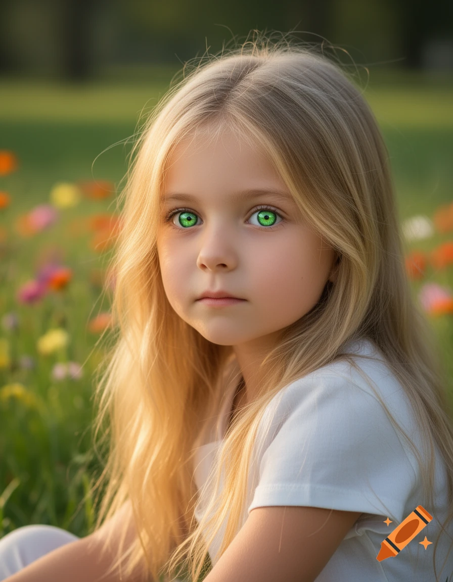 Close-up portrait of a young blonde girl with striking green eyes, sitting in a sunny field of colorful flowers.