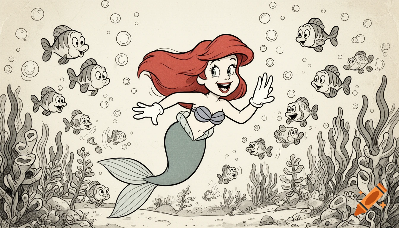 Ariel, in a vintage rubber-hose cartoon style, swims underwater with playful fish and sea plants, smiling and waving.