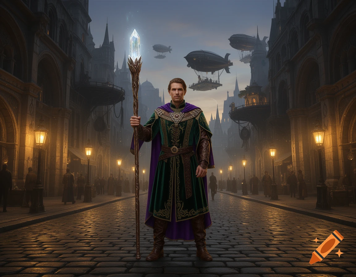 A man in a green and purple robe with a glowing staff stands in a fantastical steampunk city street with airships overhead.