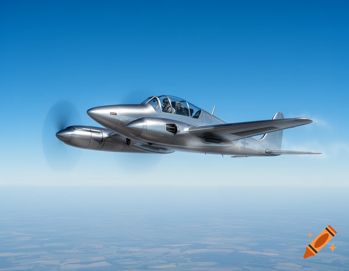 A modern silver twin-engine propeller aircraft flies high in a clear blue sky above a vast landscape.