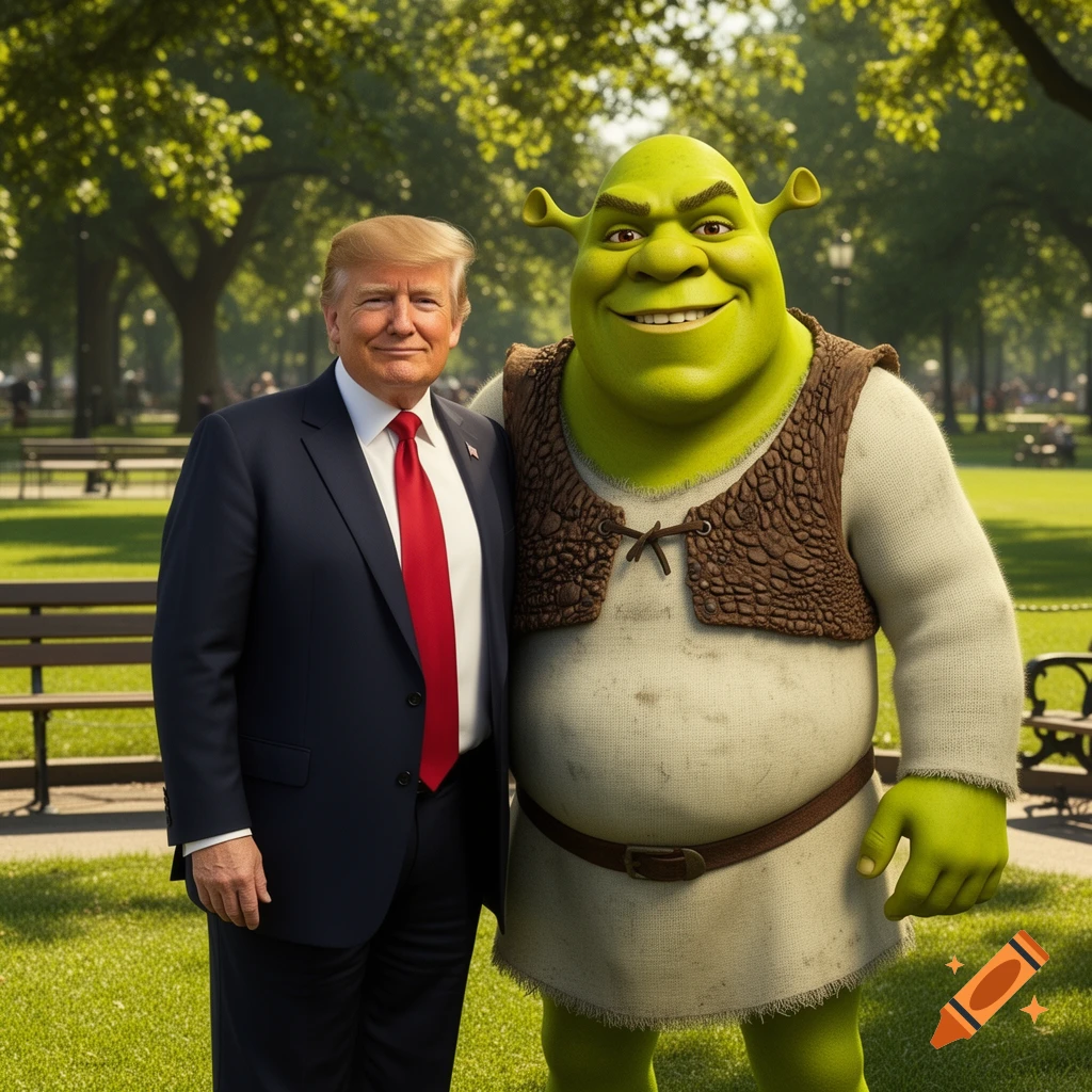 Donald Trump in a suit and Shrek stand side-by-side in a sunny park.