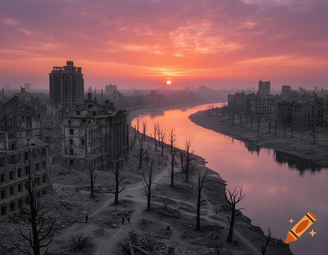 Photorealistic aerial view of a destroyed city by a river at sunset, with ruined buildings and bare trees under an orange and purple sky.
