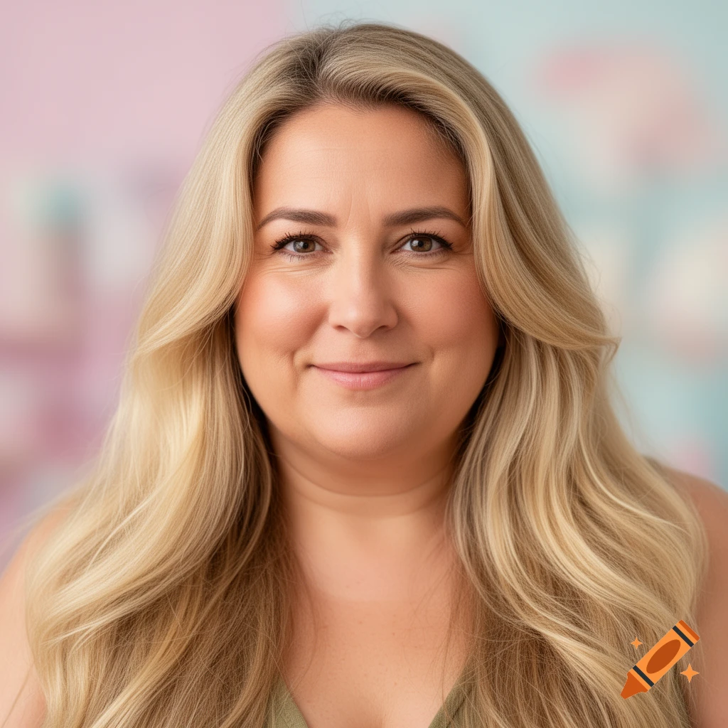 Close-up portrait of a smiling woman with long blonde hair and brown eyes, against a soft, colorful background.