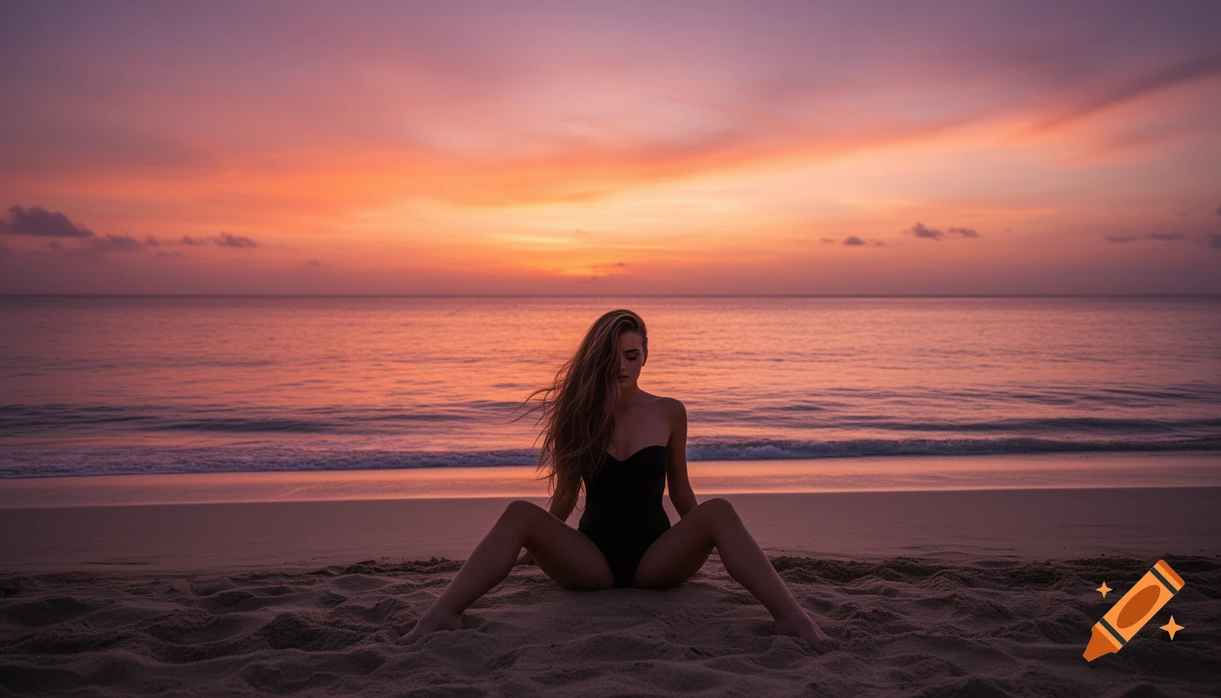 A woman in a black swimsuit sits on a sandy beach, silhouetted against a vibrant orange and purple sunset over the ocean.