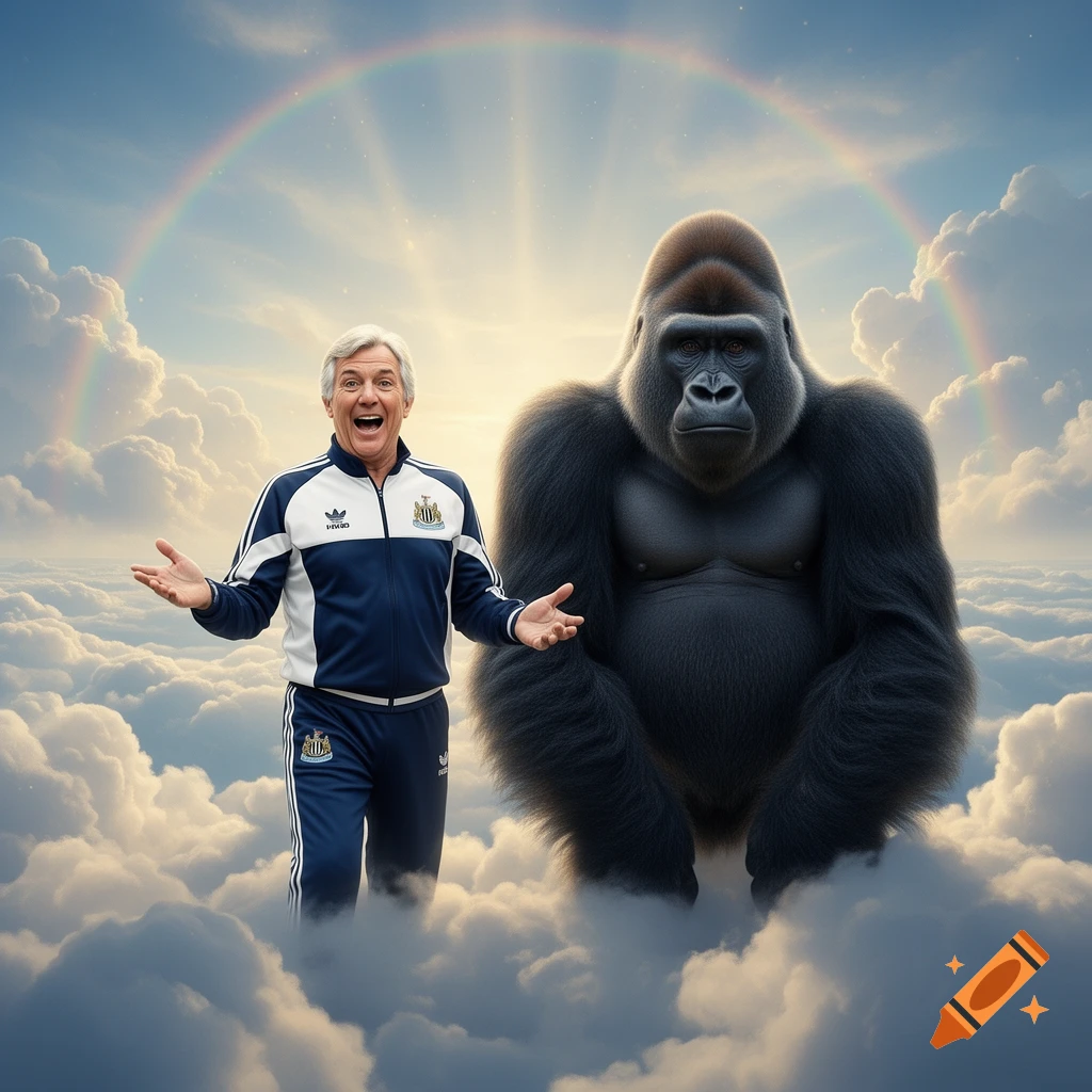 A smiling man in a blue and white tracksuit and a large gorilla stand on fluffy white clouds beneath a vibrant rainbow and sun rays.