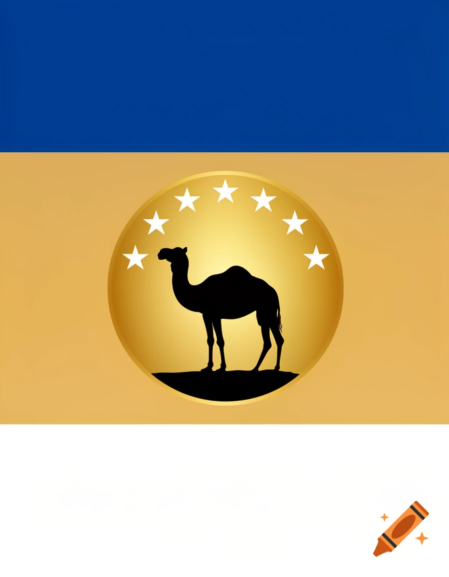 A flag with horizontal blue, gold, and white stripes, featuring a central gold circle with a black camel silhouette and seven white stars.