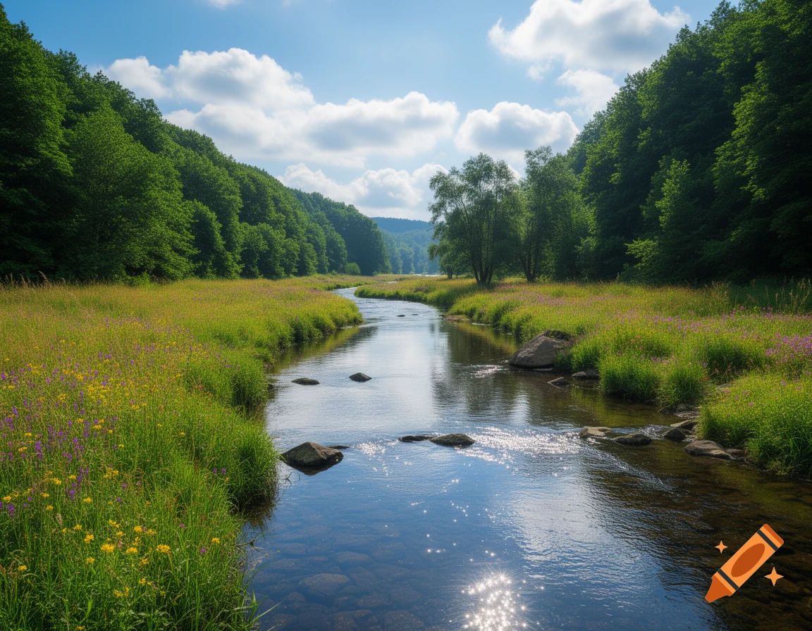 A clear river winds through a green valley with meadows, trees, and rocks under a blue sky with white clouds.