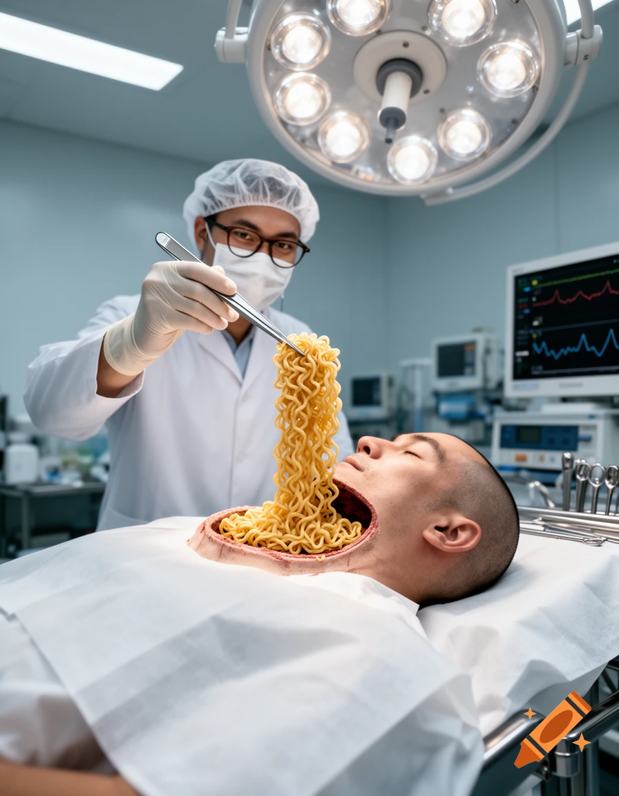 A surgeon in a mask and gloves uses forceps to place ramen noodles into a man's open chest in an operating room.