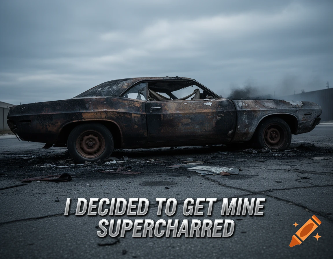 Burnt classic muscle car on an asphalt road with smoke under a cloudy sky, with text 'I DECIDED TO GET MINE SUPERCHARRED'.