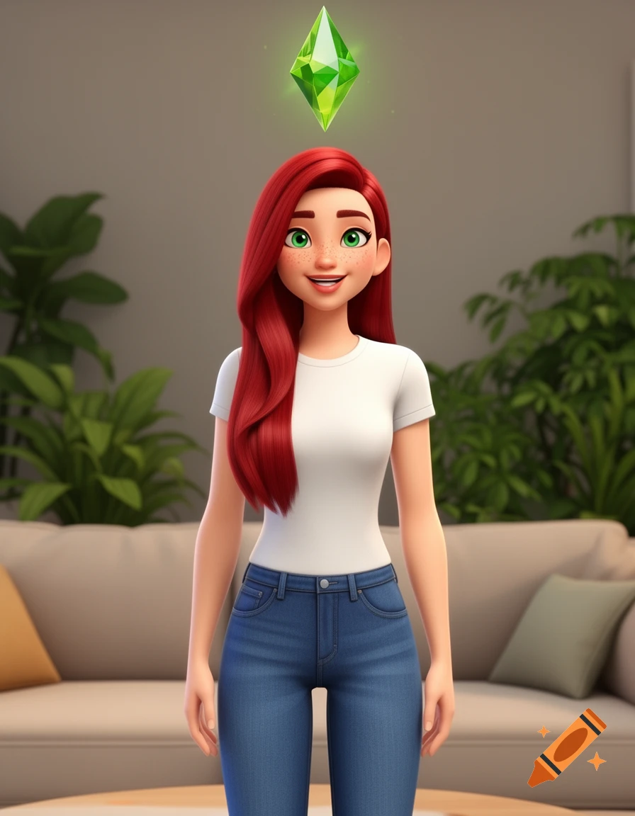 A cartoon woman with long red hair, green eyes, freckles, a white t-shirt, and jeans, standing in a living room with a green plumbob above her head.