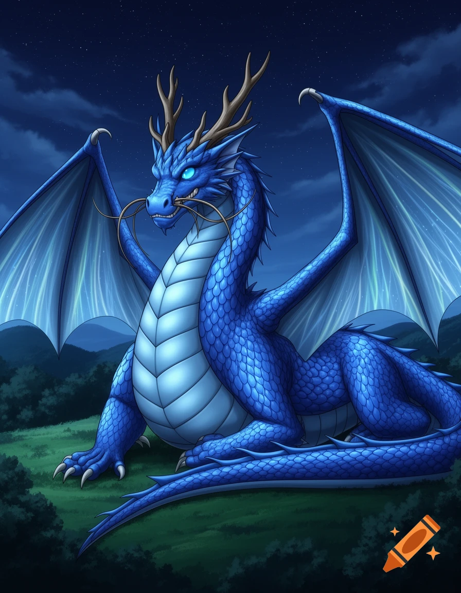 An anime illustration of a large blue dragon with antlers and glowing eyes, lying on green grass under a starry night sky.
