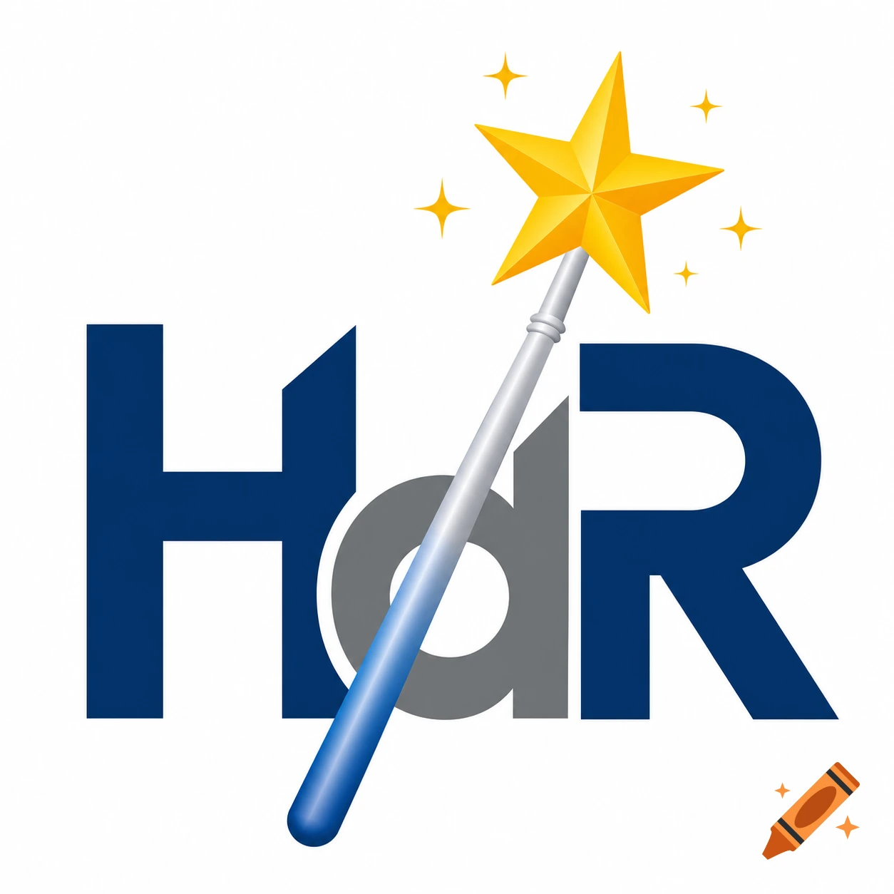 A logo with dark blue 'H' and 'R' and a gray 'd', crossed by a silver magic wand with a golden star and sparkles.
