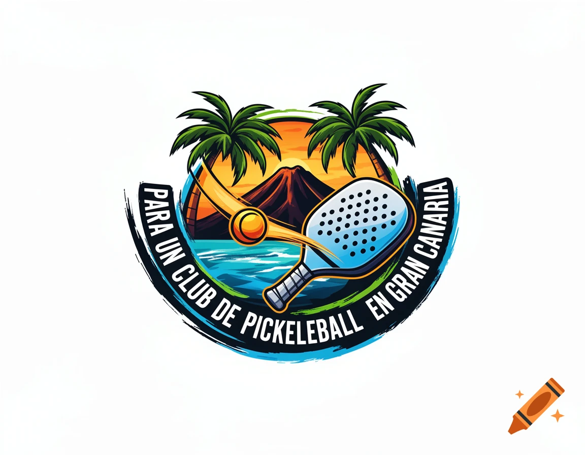 Vibrant logo for a pickleball club in Gran Canaria, featuring a pickleball paddle and ball, palm trees, a volcano, and ocean waves.