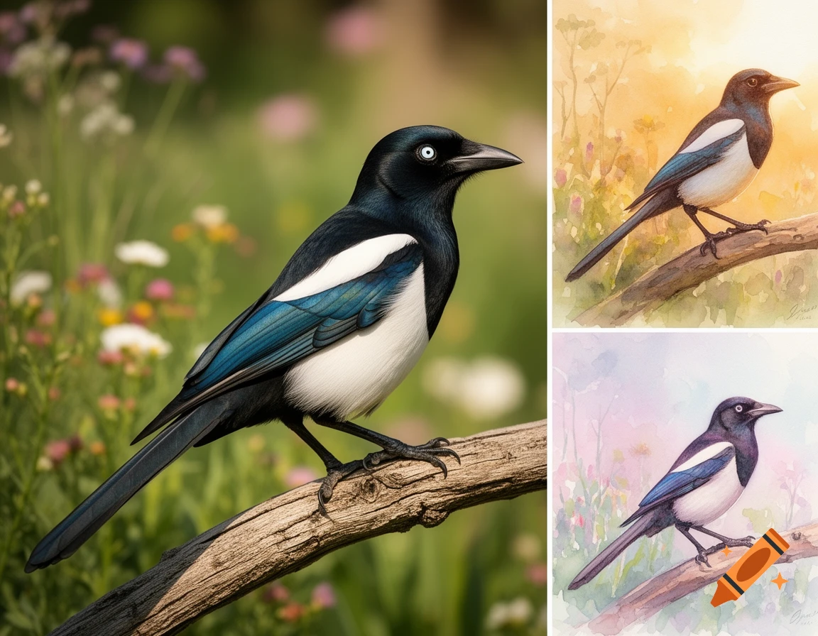 A split image features a photorealistic magpie on a branch in a garden, and two watercolor paintings of magpies on branches against soft backgrounds.