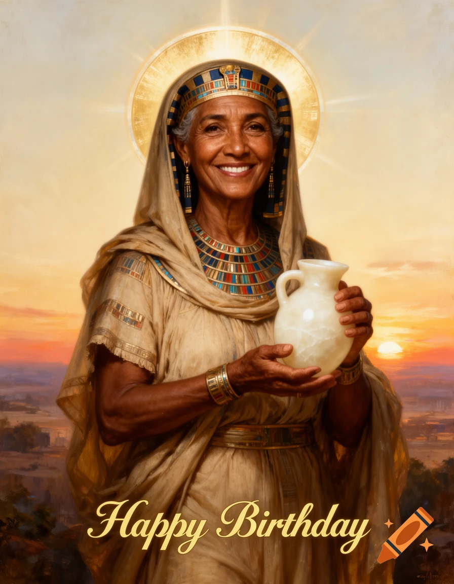 Classical portrait of a smiling Egyptian woman with a halo holding a jug, set against a sunrise, with 'Happy Birthday' text.
