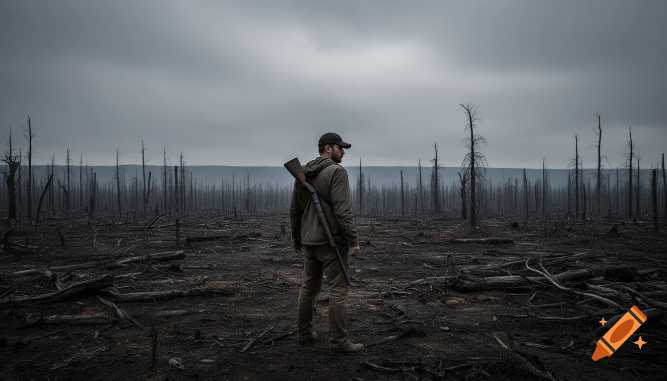 A man with a rifle on his back stands facing away in a desolate, post-apocalyptic landscape of dead trees under a gray sky.