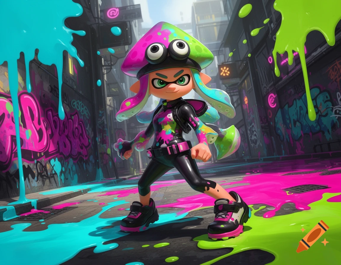 A colorful Inkling-like character from Splatoon stands in a vibrant urban alleyway covered in neon pink, green, and blue paint splatters and graffiti.