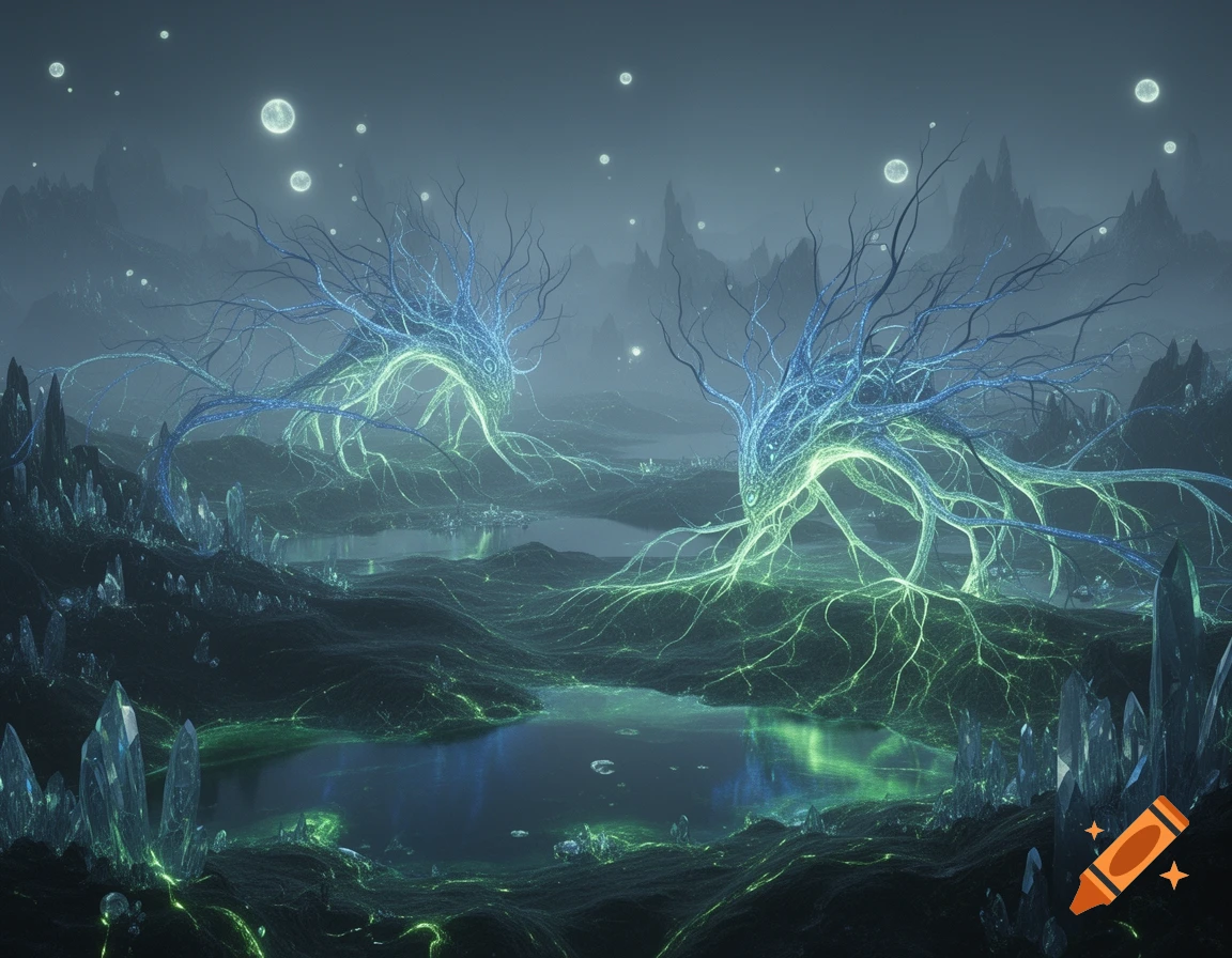 Misty fantasy landscape with glowing blue and green neuron-like creatures, luminous pools, and sharp crystals.