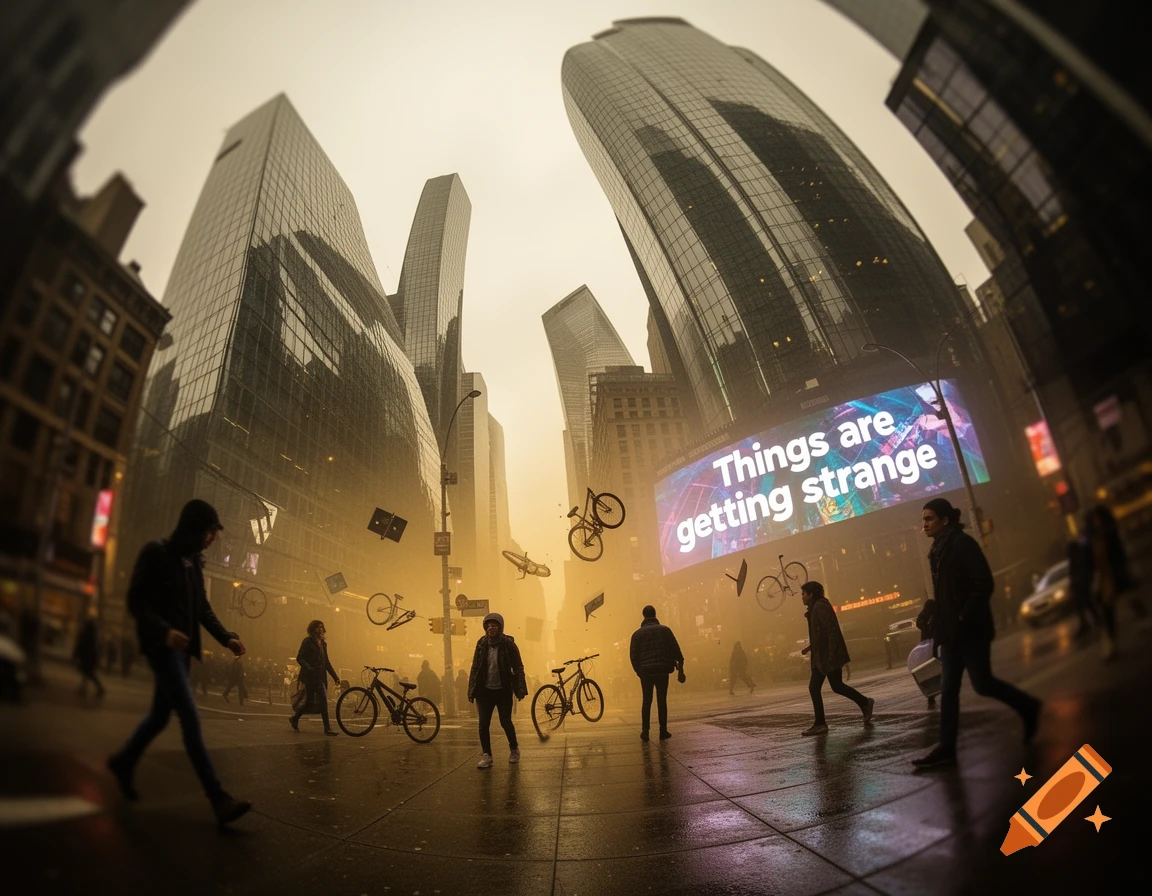 A low-angle, wide-angle street scene in a modern city at dusk, with tall skyscrapers and pedestrians. Floating bikes and a 'Things are getting strange' sign create a surreal atmosphere.
