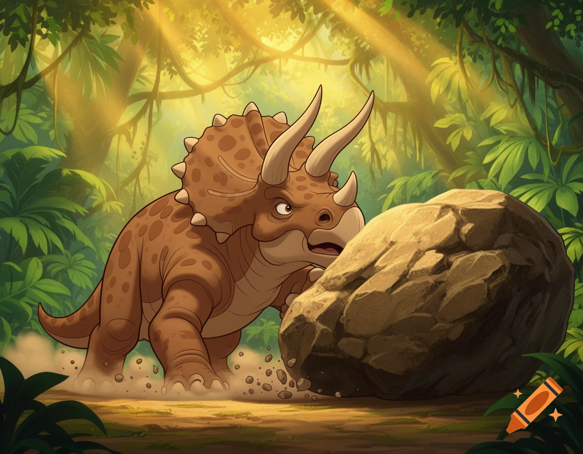 A cartoon triceratops pushing a large rock in a lush, sunlit jungle.