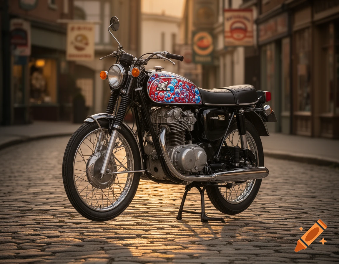 A photorealistic 1968 Honda CB450 motorcycle with custom bubble art on its fuel tank, parked on a cobblestone street at sunset.