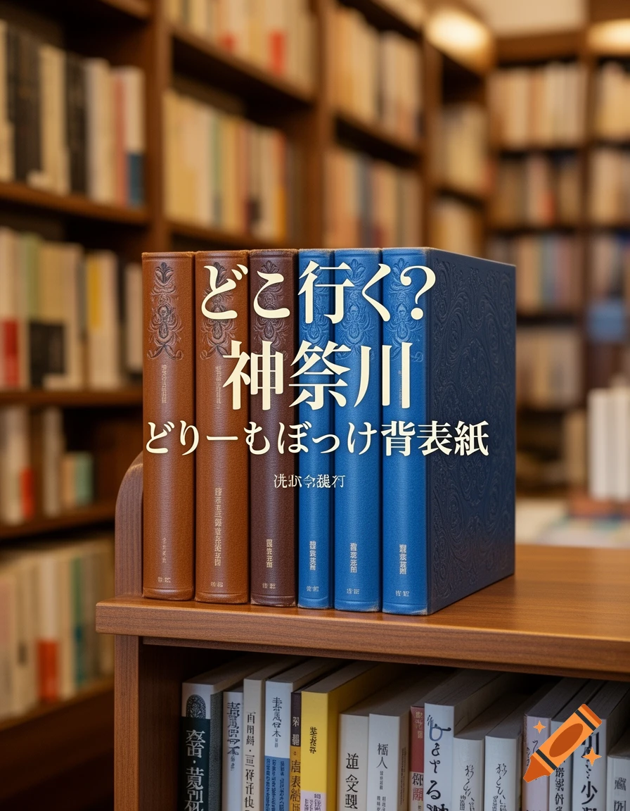 A wooden shelf holding a row of brown and blue books with Japanese text on their spines, in a blurred library setting.