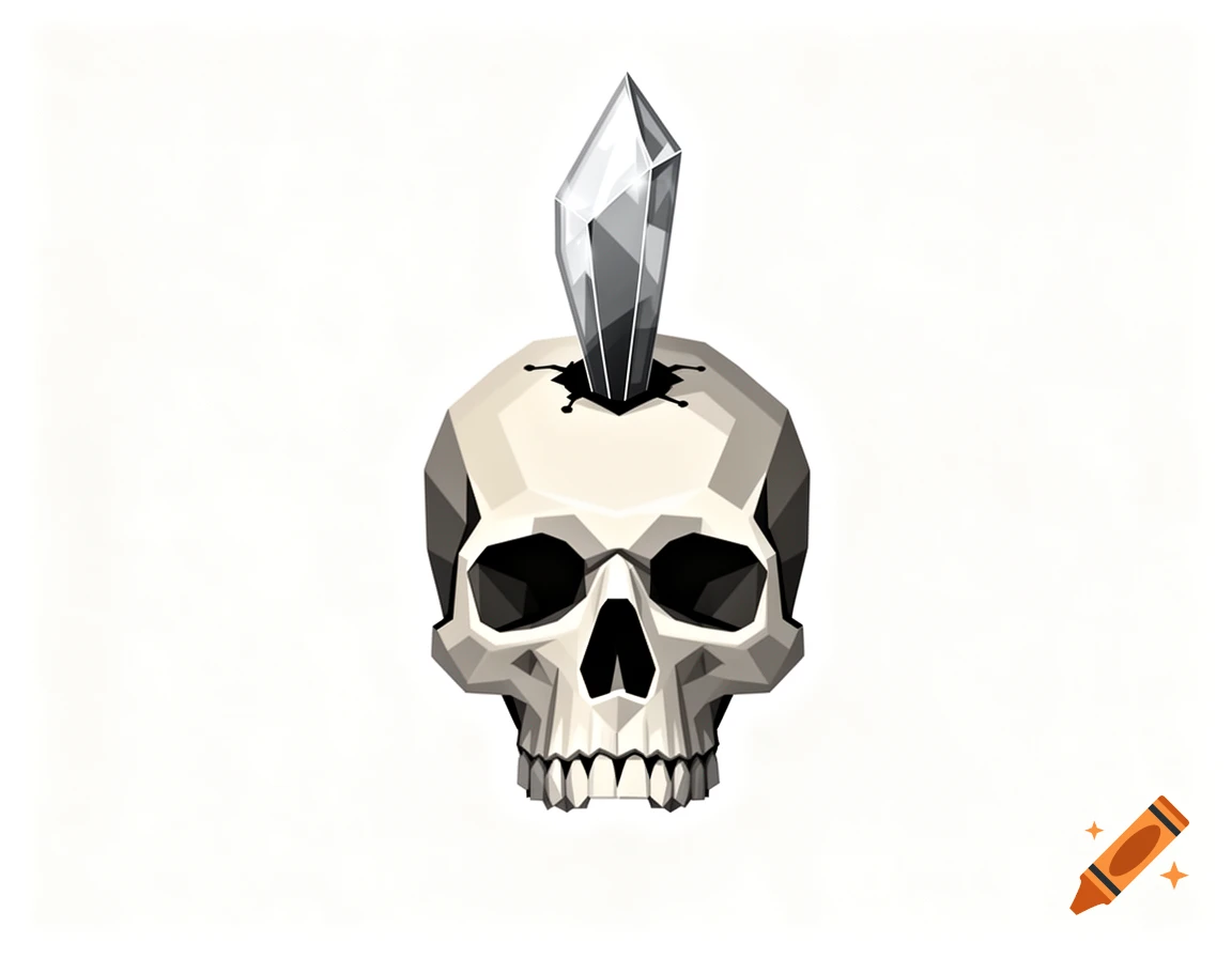 A stylized, geometric skull with a clear crystal shard protruding from its top.
