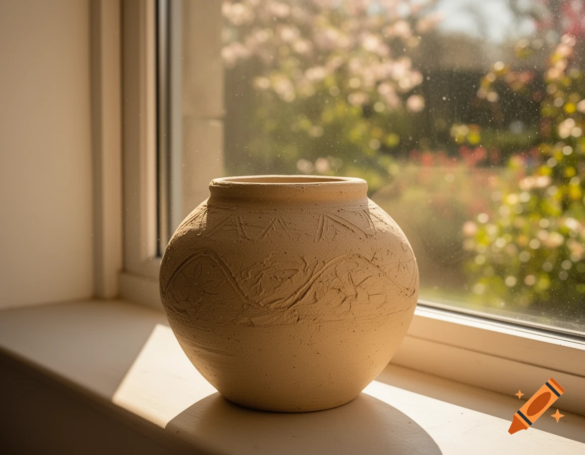 A ceramic pot with etched patterns sits on a sunlit windowsill, with blurred greenery visible outside.
