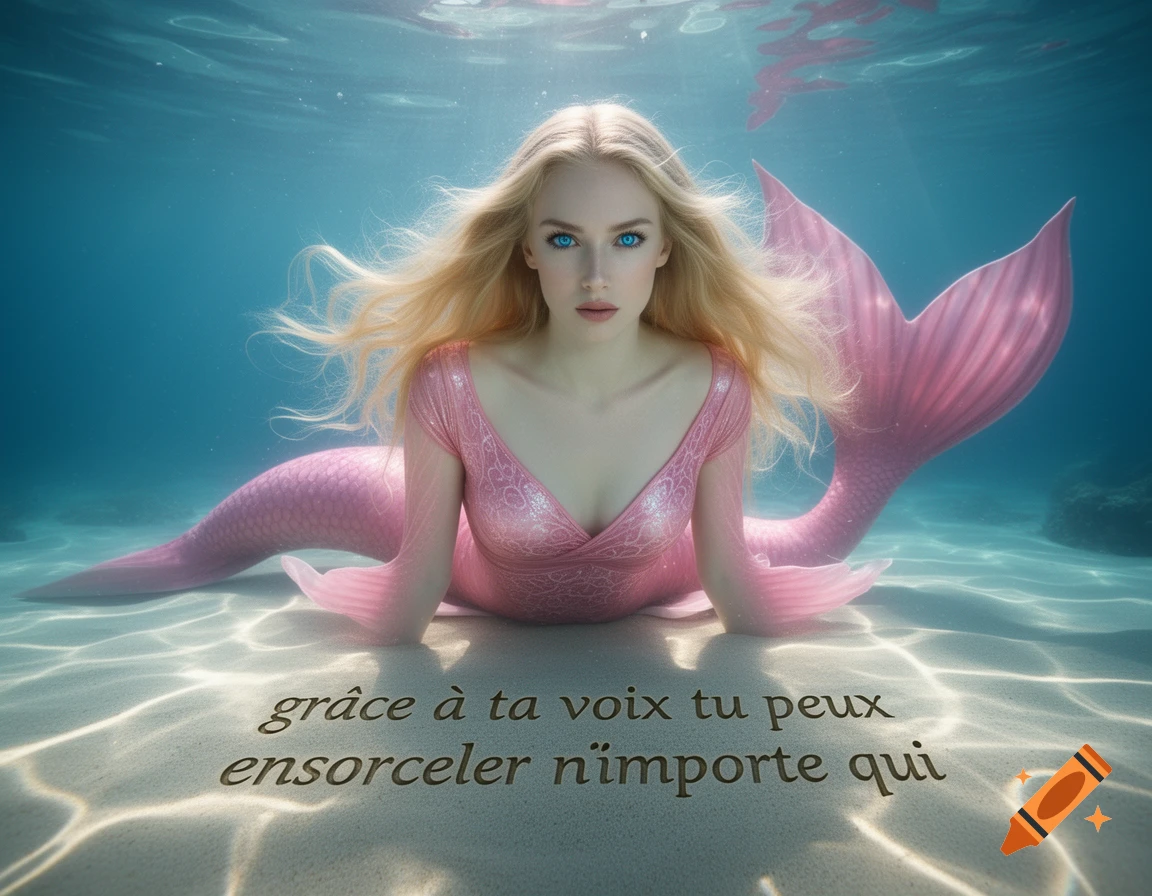 Photorealistic blonde mermaid with blue eyes, pink top and tail, lying on sandy seabed underwater. Text says 'grâce à ta voix tu peux ensorceler n'importe qui'.