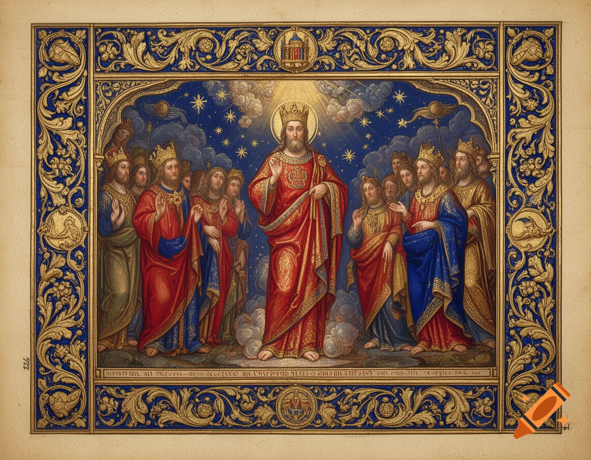 A richly detailed illuminated manuscript page depicts a central holy figure with a halo, surrounded by crowned saints or kings, all within an intricate blue and gold floral border on aged vellum.