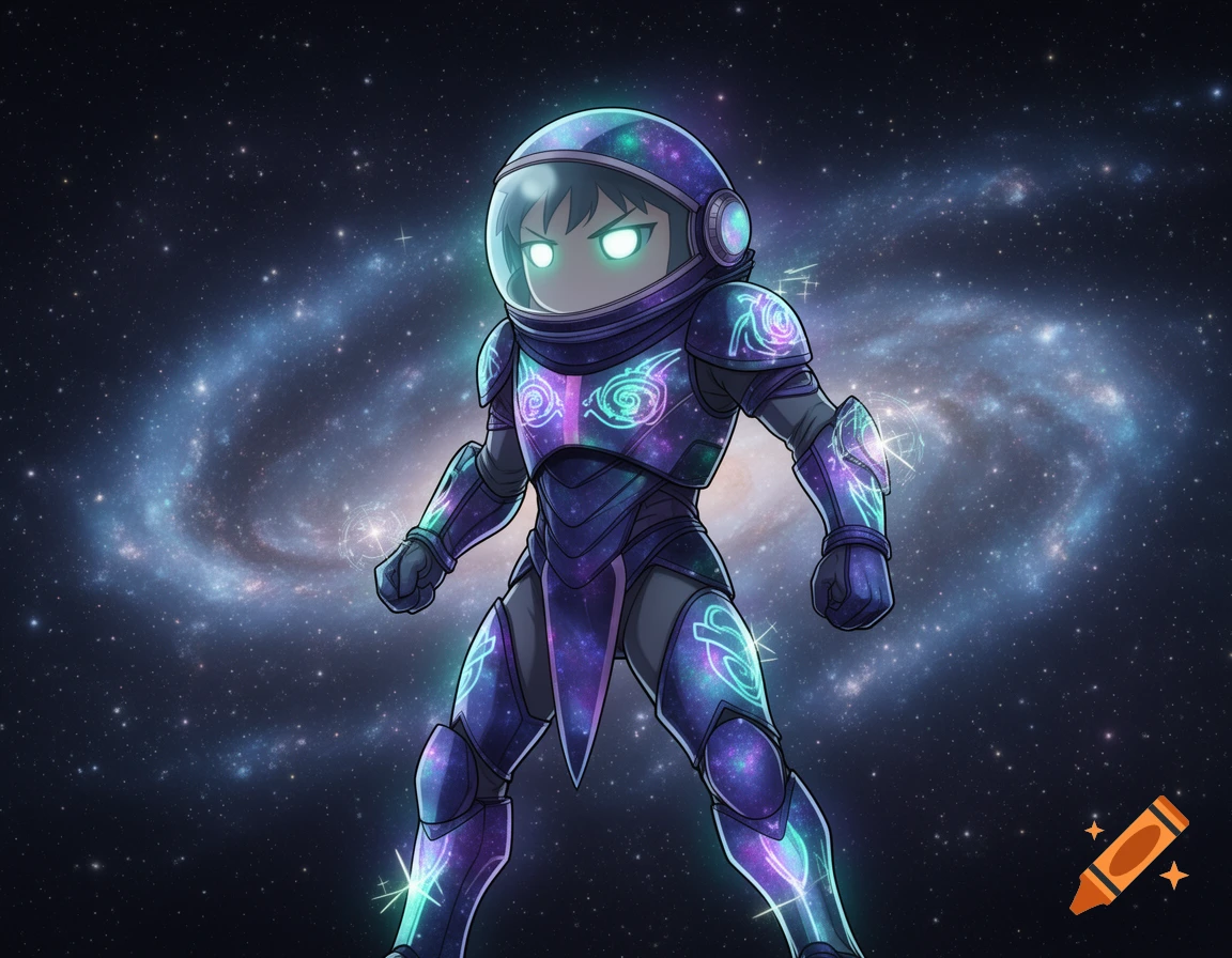 Anime character in a glowing purple spacesuit standing confidently against a swirling galaxy background.