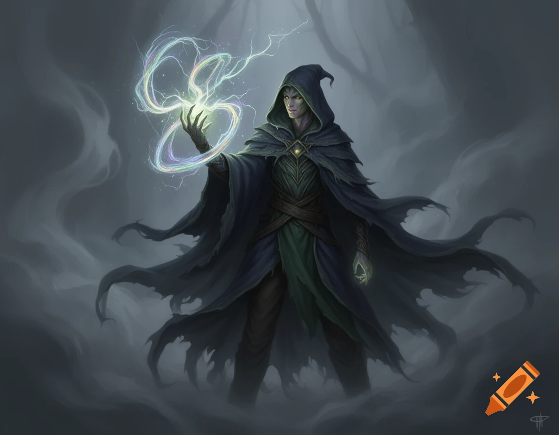 A cloaked warlock with glowing green eyes stands in mist, casting iridescent magic from his raised hand in a dark fantasy art style.