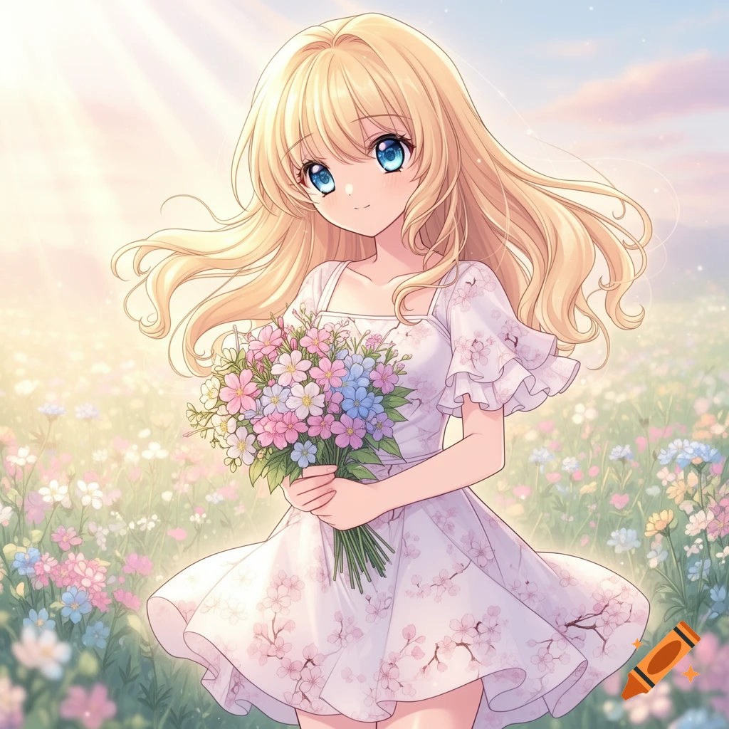 Anime girl with blonde hair and blue eyes, holding a colorful bouquet of flowers in a sunny meadow.