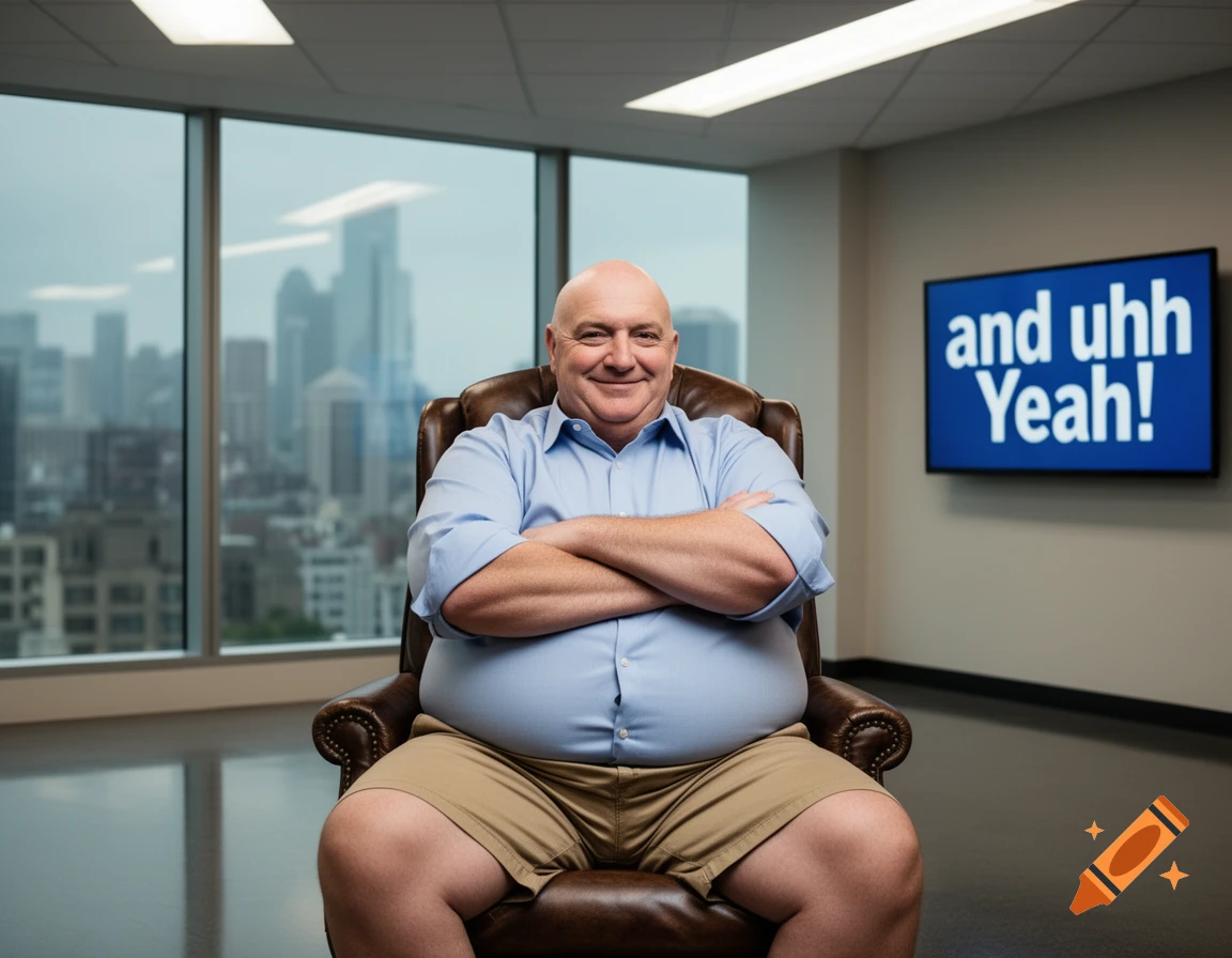 Bald, overweight man in a blue shirt and khaki shorts smiles from a leather office chair, with a city skyline and a screen reading 'and uhh Yeah!' in the background.