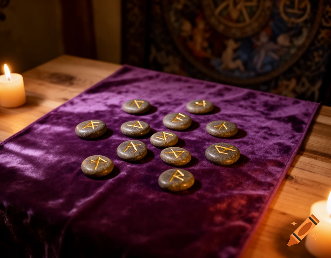 Rune stones with golden symbols laid on a purple velvet cloth, flanked by flickering candles on a wooden table.