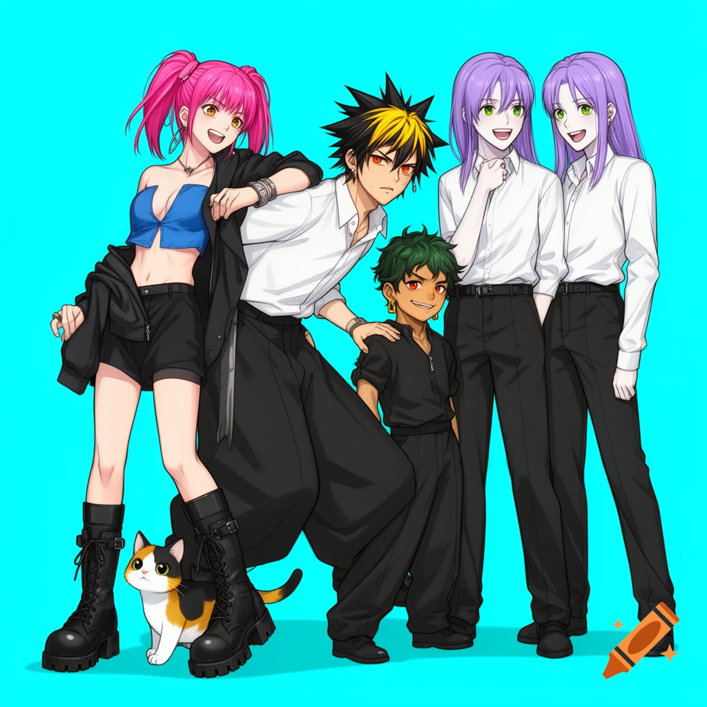 Anime group of five colorful characters and a calico cat posing against a bright cyan background.