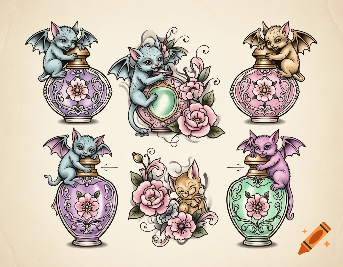 An American traditional tattoo flash sheet with multiple pastel-colored perfume bottles adorned with cute gargoyle-like creatures and flowers.