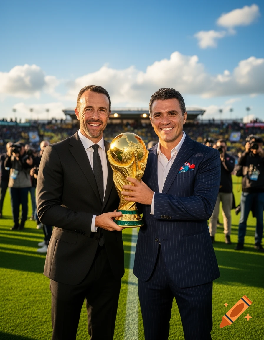 Two smiling men in suits hold the golden World Cup trophy on a soccer field, with a stadium and crowd in the background under a blue sky.