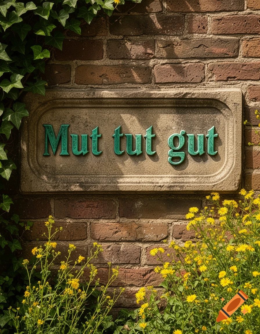 A stone plaque with green 'Mut tut gut' text on a brick wall, surrounded by ivy and yellow flowers.
