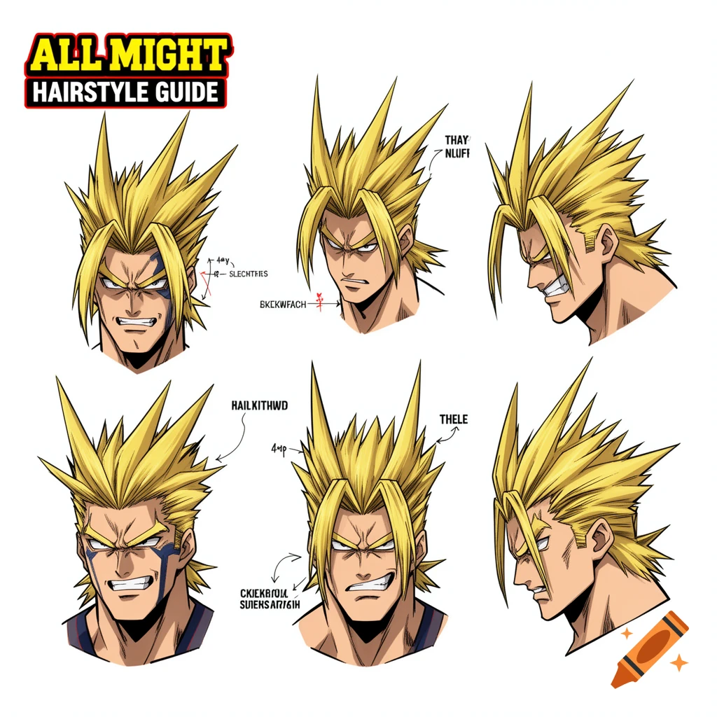 A character sheet for All Might from My Hero Academia, showing six different headshots of his hair styled in various spiky blonde ways, with arrows and garbled text labels pointing to different sections.