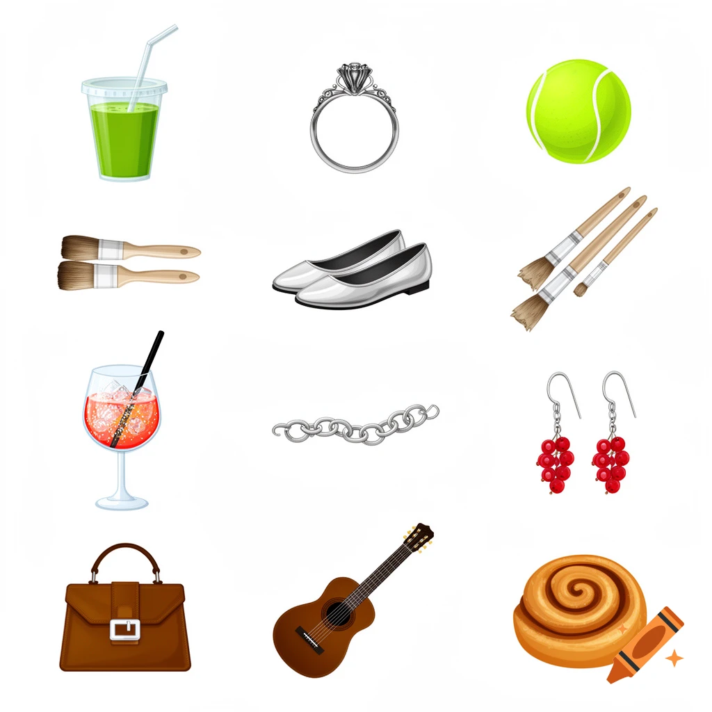 A grid of eleven distinct illustrated objects on a white background, including a green drink, a diamond ring, a tennis ball, silver ballet flats, paint brushes, an Aperol spritz, a silver chain, red berry earrings, a brown vintage handbag, an acoustic guitar, and a cinnamon roll.