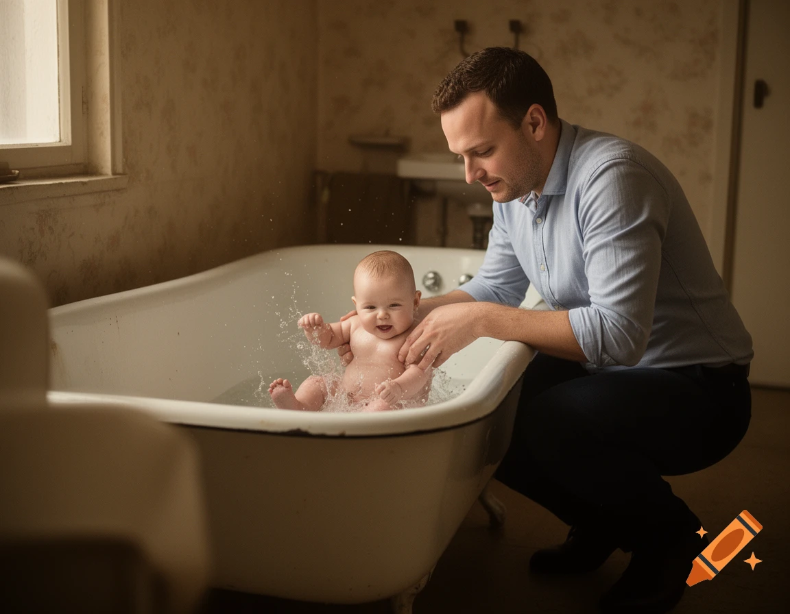 Photorealistic image of a smiling baby splashing in a bathtub while a man kneels beside, gently bathing it.