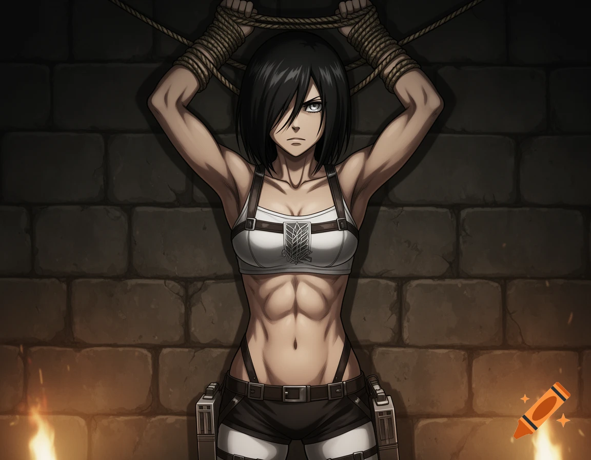 Anime style illustration of Mikasa Ackerman tied by ropes against a stone wall, wearing a white sports bra and shorts, with flames at the bottom.