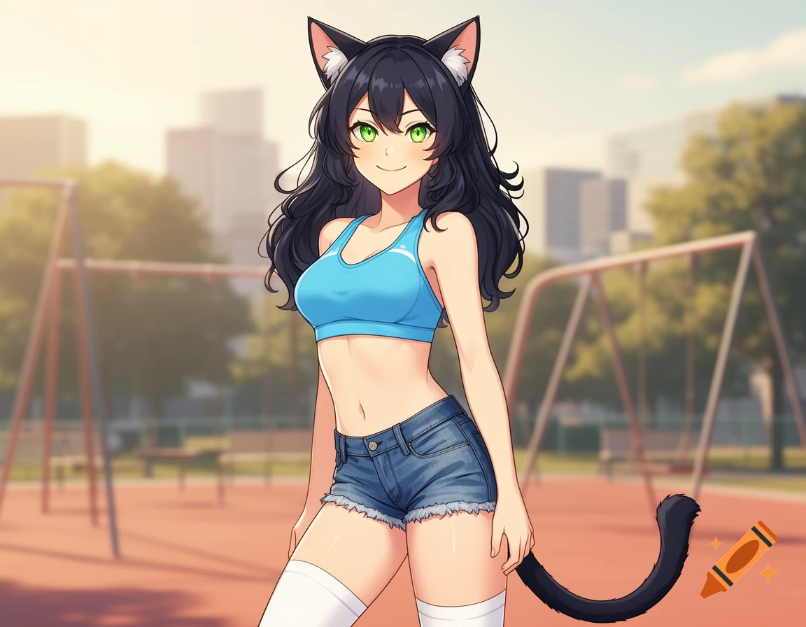 An anime catgirl with black hair and green eyes, wearing a blue sports bra, short denim shorts, and white long socks, stands in a sunny park.