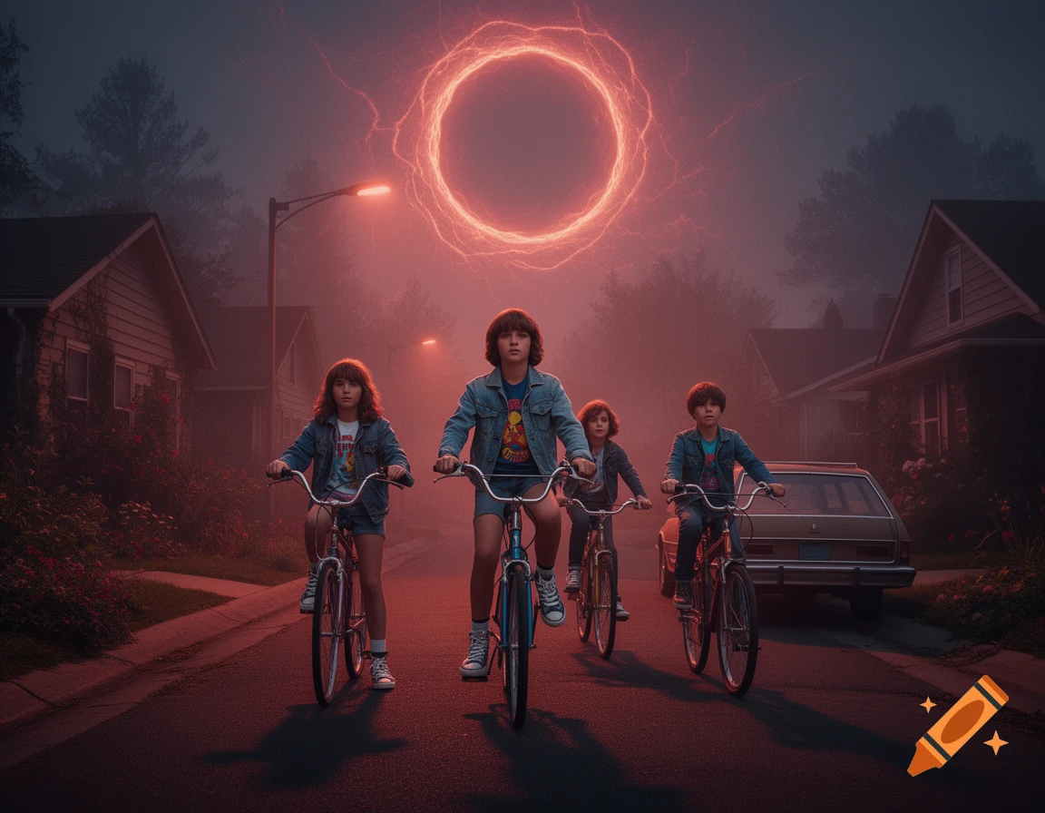 Four children ride bicycles down a foggy suburban street at dusk, beneath a glowing red, lightning-filled portal in the sky, resembling a scene from Stranger Things.